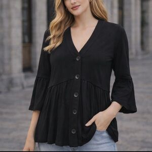 Compli K Black Lagenlook Babydoll Top Bamboo Button Boho Minimalist 36114